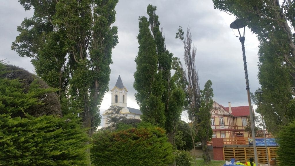 Looking up from a town square in Puerto Natales