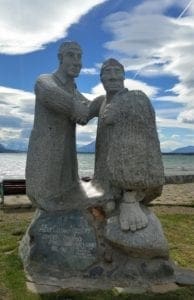 Commemorative statues on the shore walk in Puerto Natales