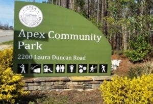 Apex Community Park entry sign at Laura Duncan Road