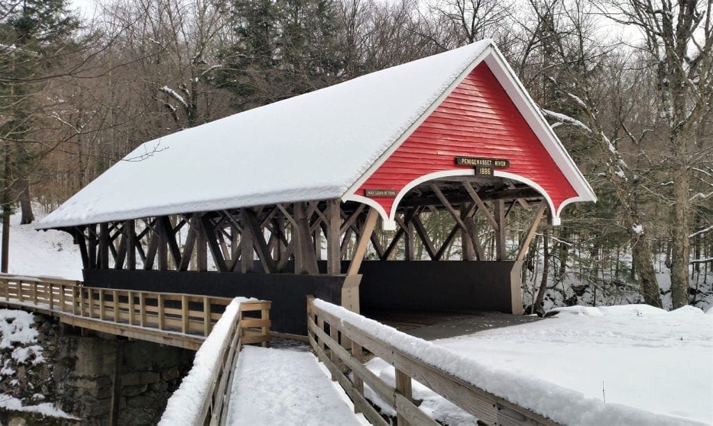 There's a pedestrian walkway alongside the Flume Covered Bridge