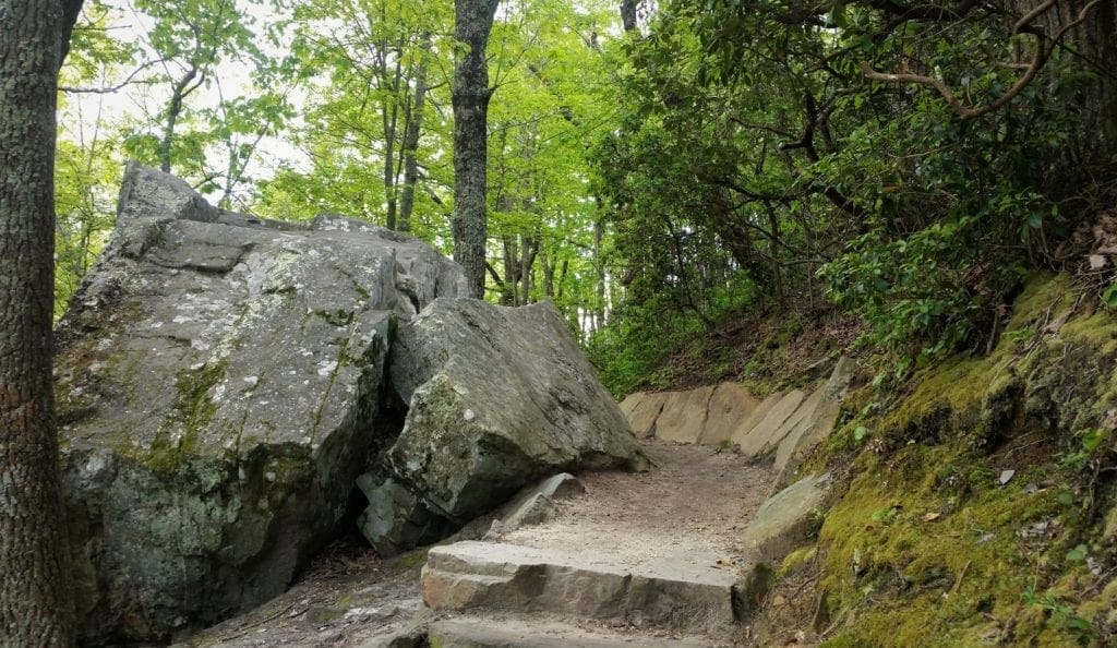 Large boulders and rhododendron bushes line the Jomeokee Trail
