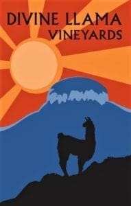 The Divine Llama wine label features a llama and Pilot Mountain