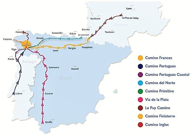 Map of the different routes of the Camino de Santiago