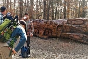 Hikers take a break at the tree carving near the Sycamore trail