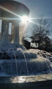 Downtown Cary Park's iconic central fountain in winter time.
