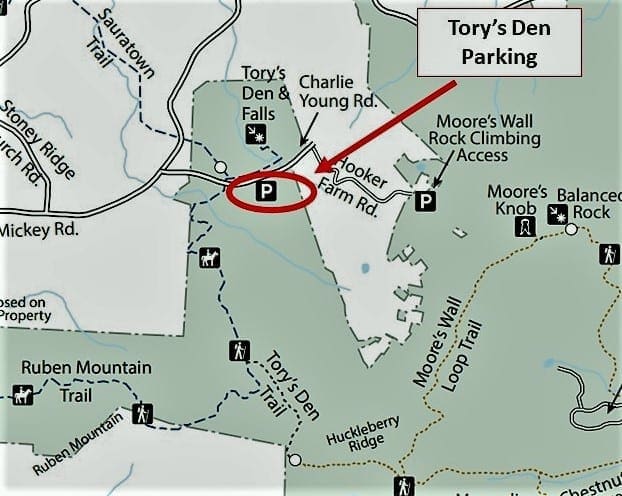 Map of trails near Tory's Den parking area.