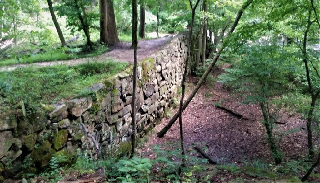 Old dam wall at the site of the Company Mill in nearby Umstead State Park