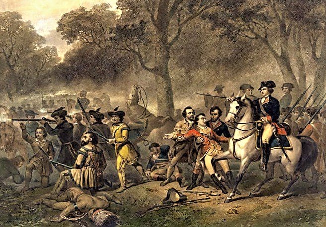 A young George Washington in a battle of the French and Indian War.