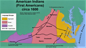 Map of Siouan speaking tribes and their trade routes prior to Colonial settlements.