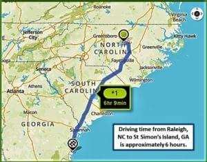 It's about a 6 hour drive from Raleigh to St Simon's Island.