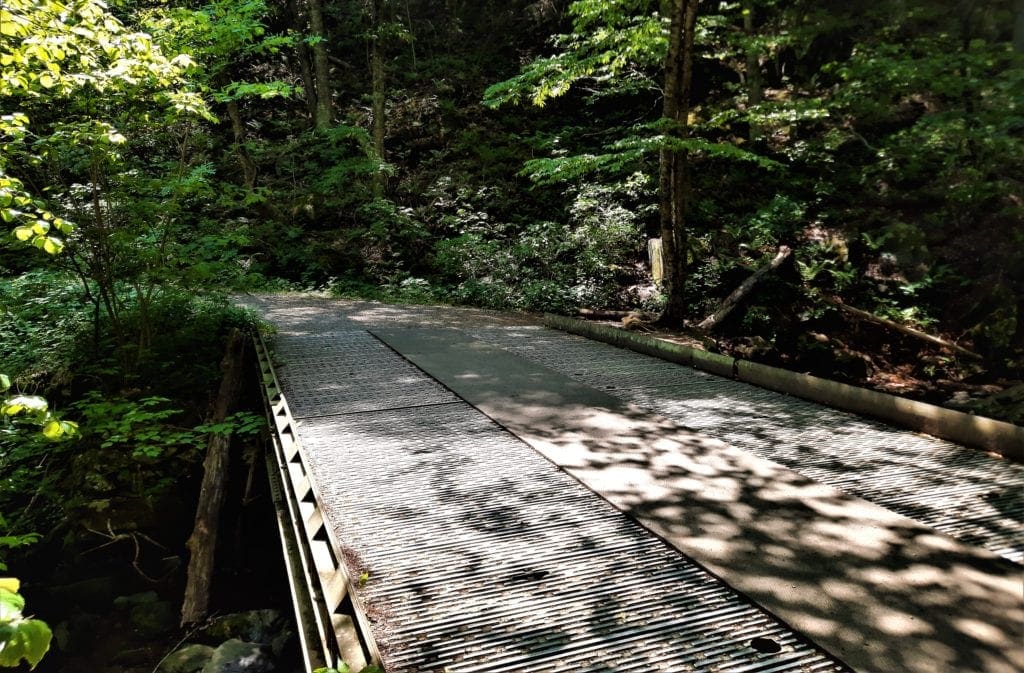 Metal bridge at the base of the Dark Hollow Falls trail.