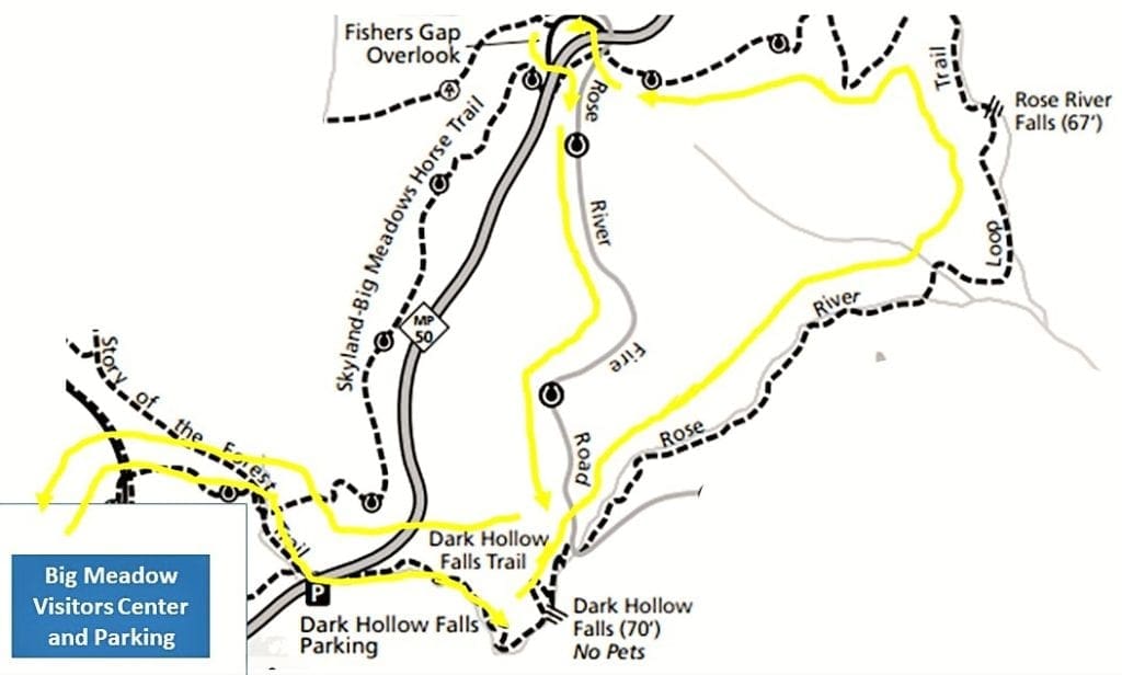 The route I took from Big Meadow Visitors Center to hike Dark Hollow Falls and the Rose River Loop.
