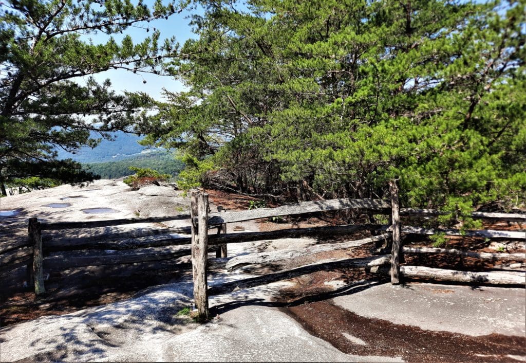 The summit is marked by a split rail fence.