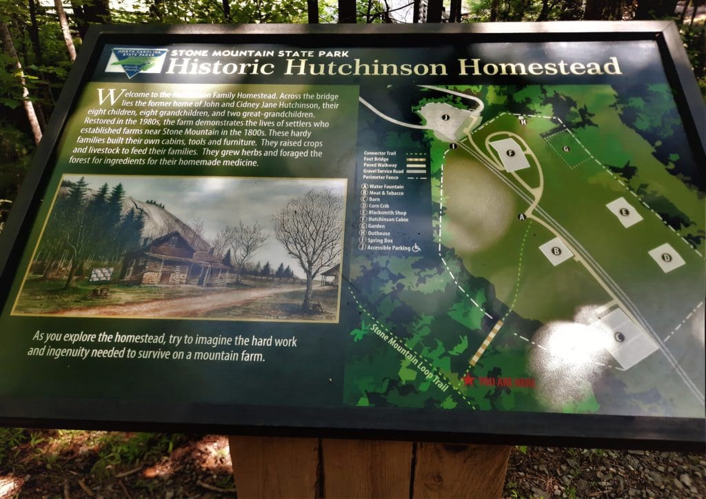 Plaque describing the Hutchinson Homestead near the edge of the Stone Mountain Loop Trail.