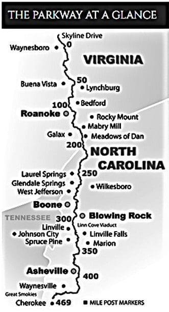 An overview map of the Blue Ridge Parkway.