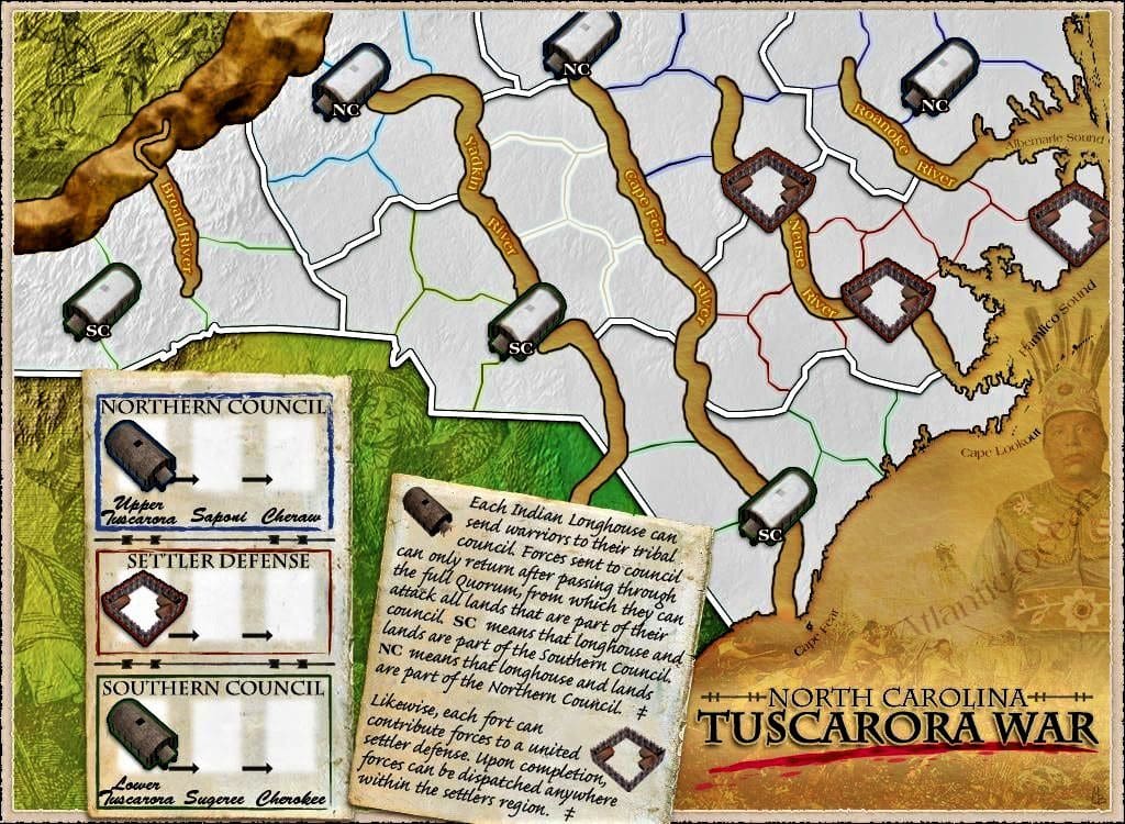 The different people and locations involved in the Tuscarora War of 1711-1713.