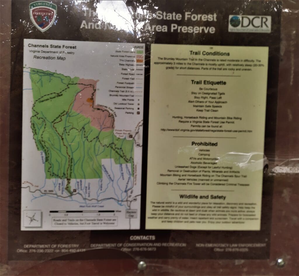 Trail map on a kiosk in Channels State Forest.