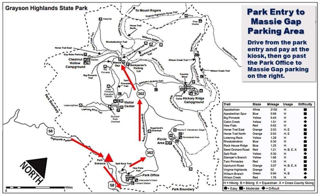 How to get to Massie Gap from the park entry.
