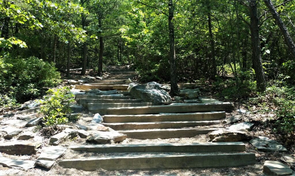 There are wide steps on the Hanging Rock Trail.