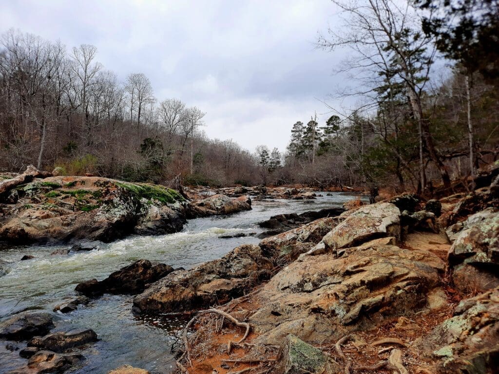 View of the Eno River from the rocks along the Eagle/MST Trail.