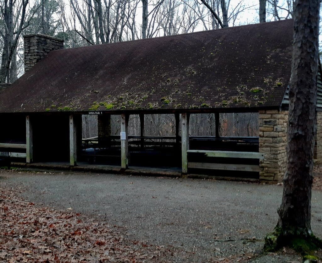 Mossy shelter at the Company Mill trailhead.