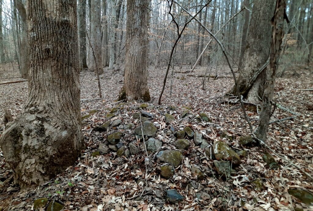 Remnants of stone walls may mark the location of the cemetery.