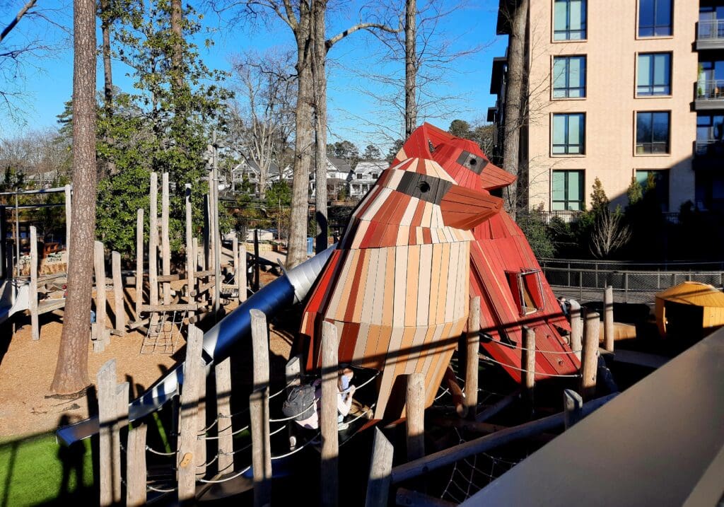 The large bird play structures in DT Cary Park.
